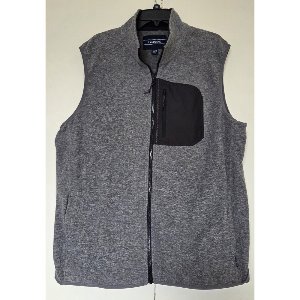 Lands End Mens Fleece Vest Heather‎ Gray XL Full Zip 3 Pockets Outside ***EUC***